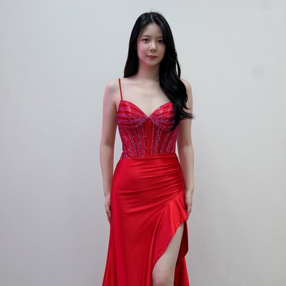 New Sheath Evening Long Dress w/ Rhinestones Embroidery & Leg Slit JT2697A - Picture 1 of 8